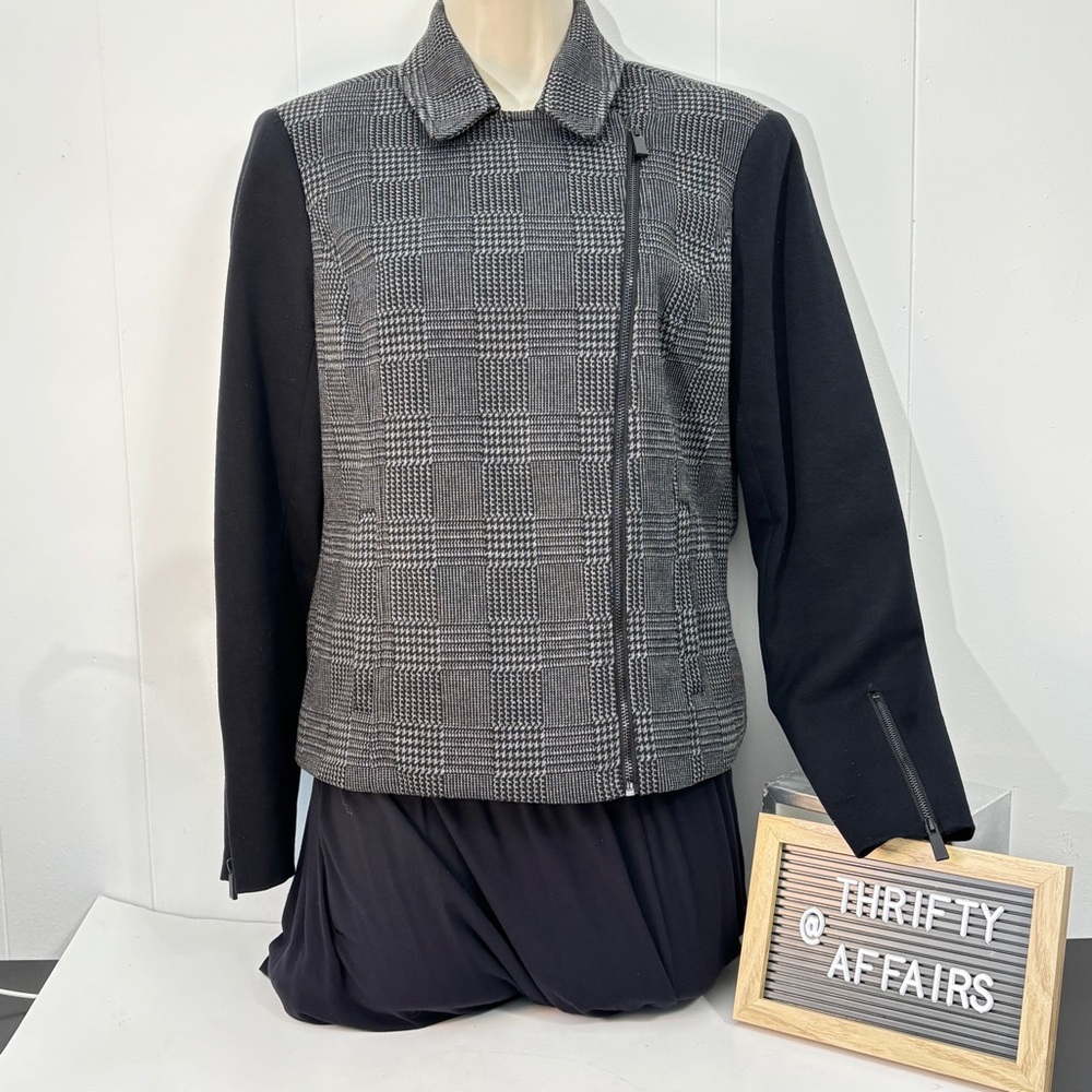 Vince Camuto Moto Jacket Size Small Mixed Media Patchwork Biker Gray Black Lined